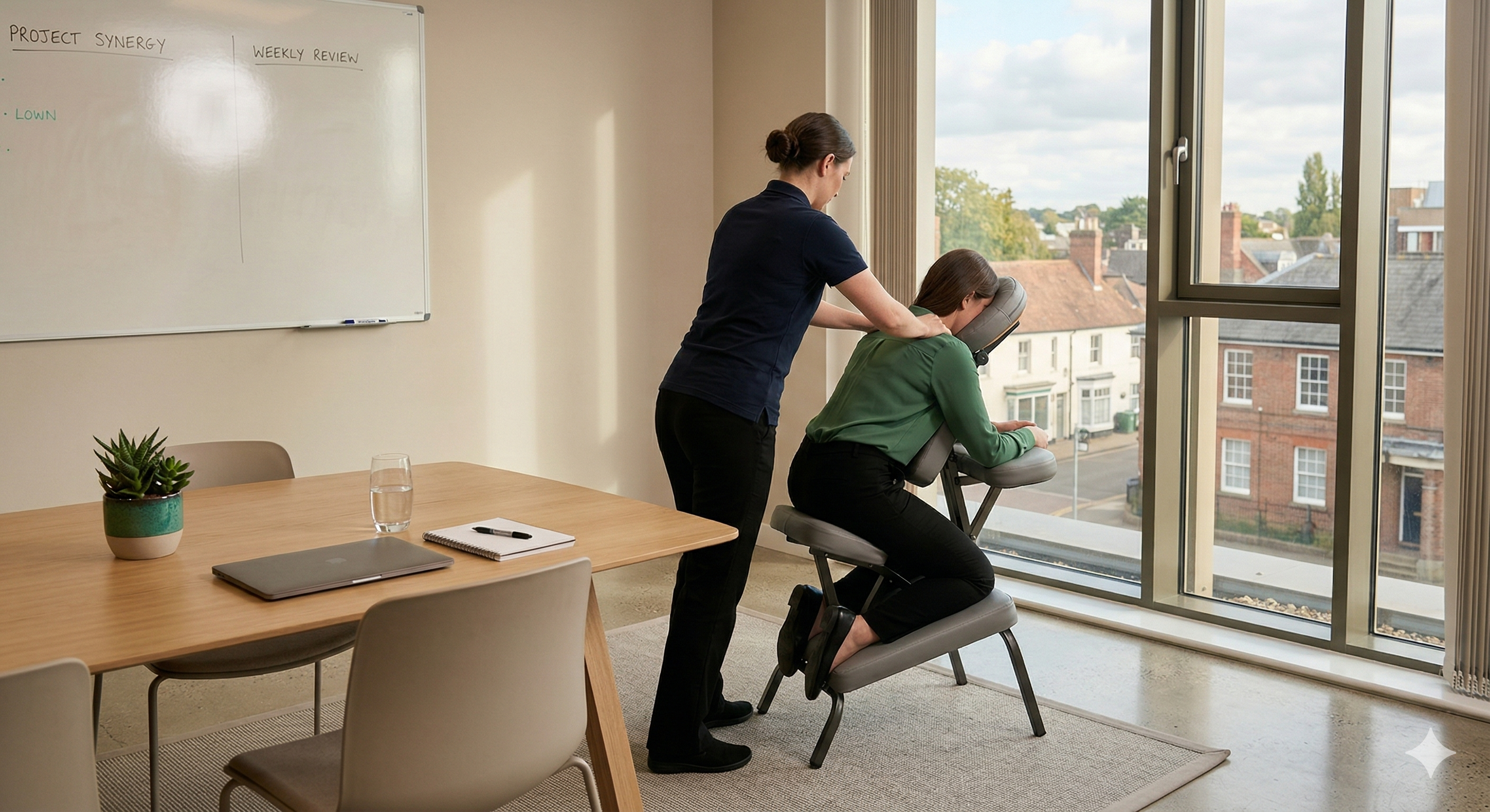 Chair massage setup in a quiet office corner prepared for a workplace wellness session.